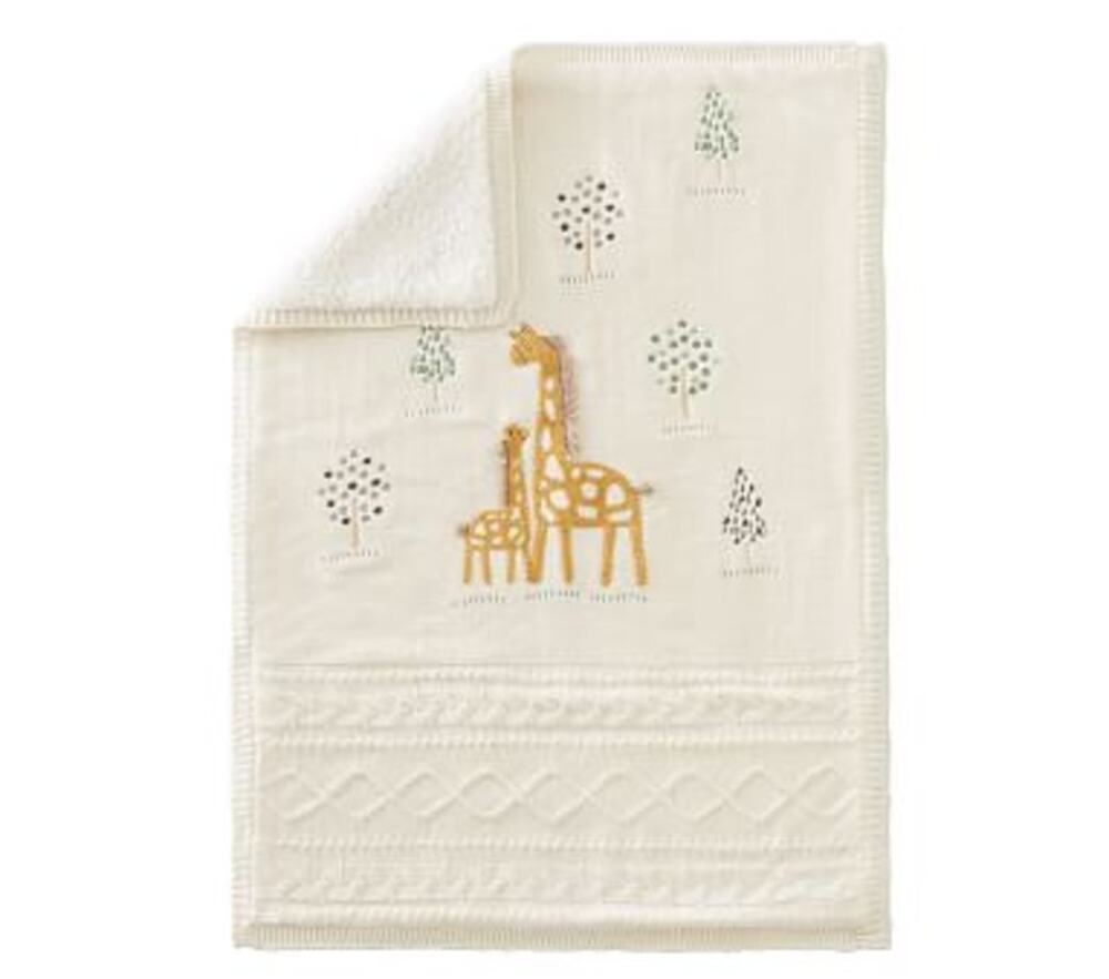 Pottery Barn Kids Giraffe Sherpa Backed Knit Baby Blanket Cream Nursery